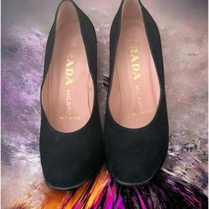 Prada black suede heels round toe